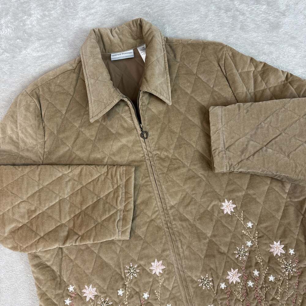 Vintage 90s Quilted Jacket Women 16 Petite Tan Embroidered Floral Alfred Dunner